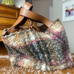 Sundance Plaid Wool Tote Bag with Brown Leather Straps